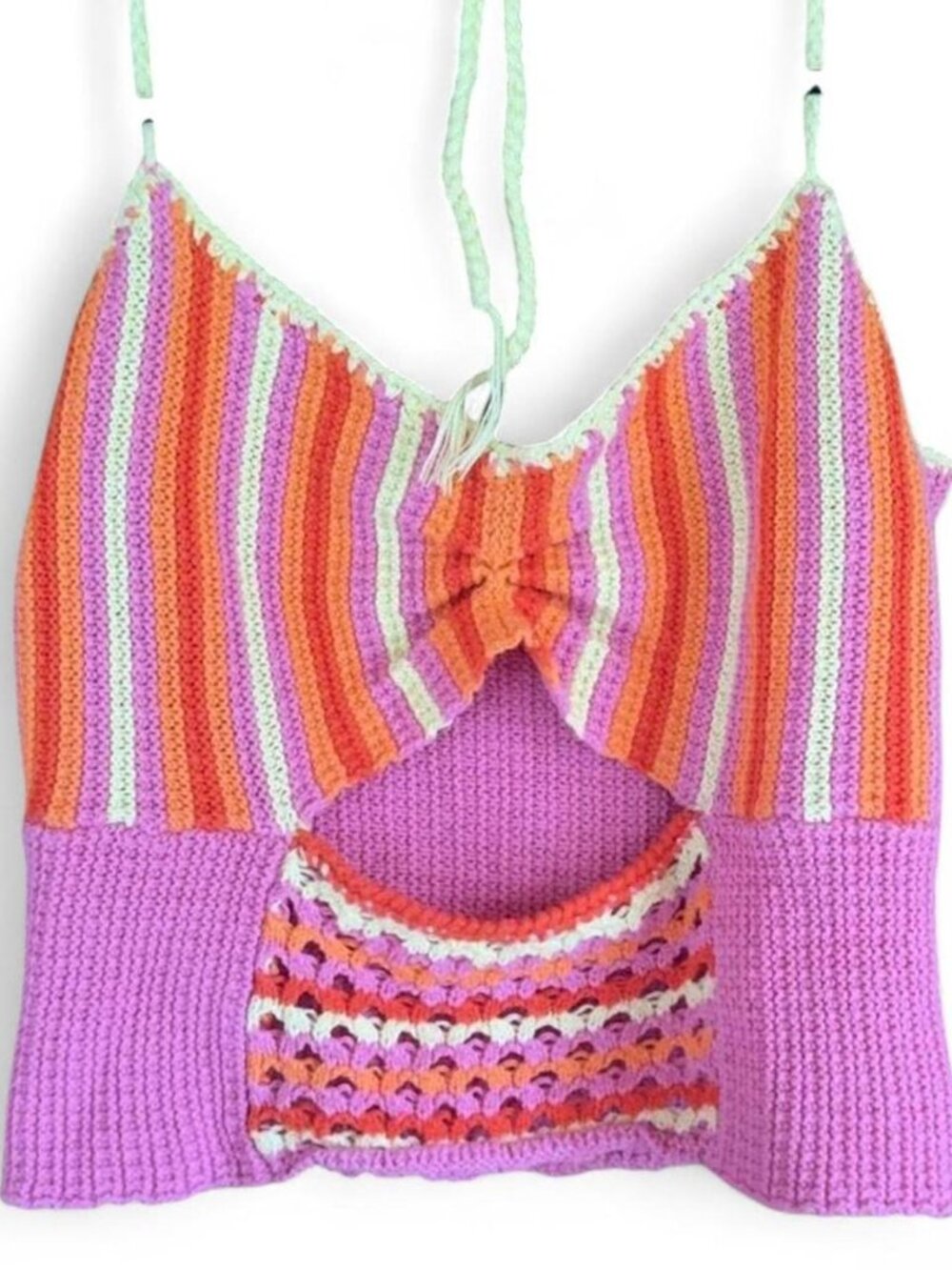 Colorful Striped Knit Halter Crop Top Cutout Back